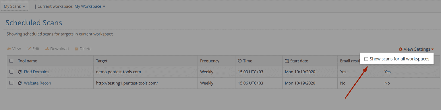 show scans for all workspaces