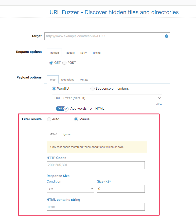 URL Fuzzer filter results