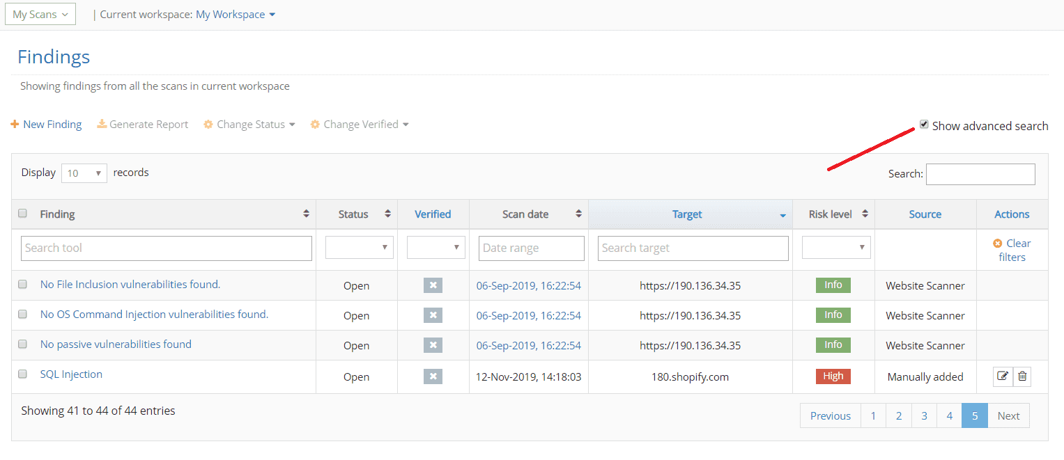 advance search filters pentest-tools.com